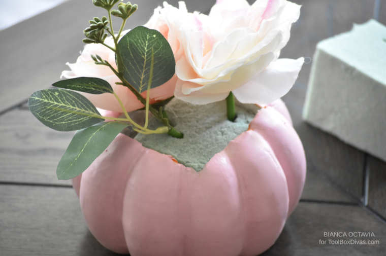 Faux Floral Fall DIY Pumpkin Vase centerpiece ideas - @ToolBoxDivas Fall decor fall arrangements pink pumpkin