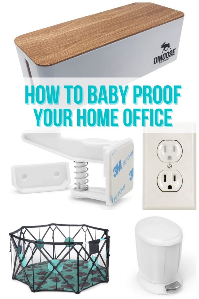 image collage of items for a  baby proof home office 