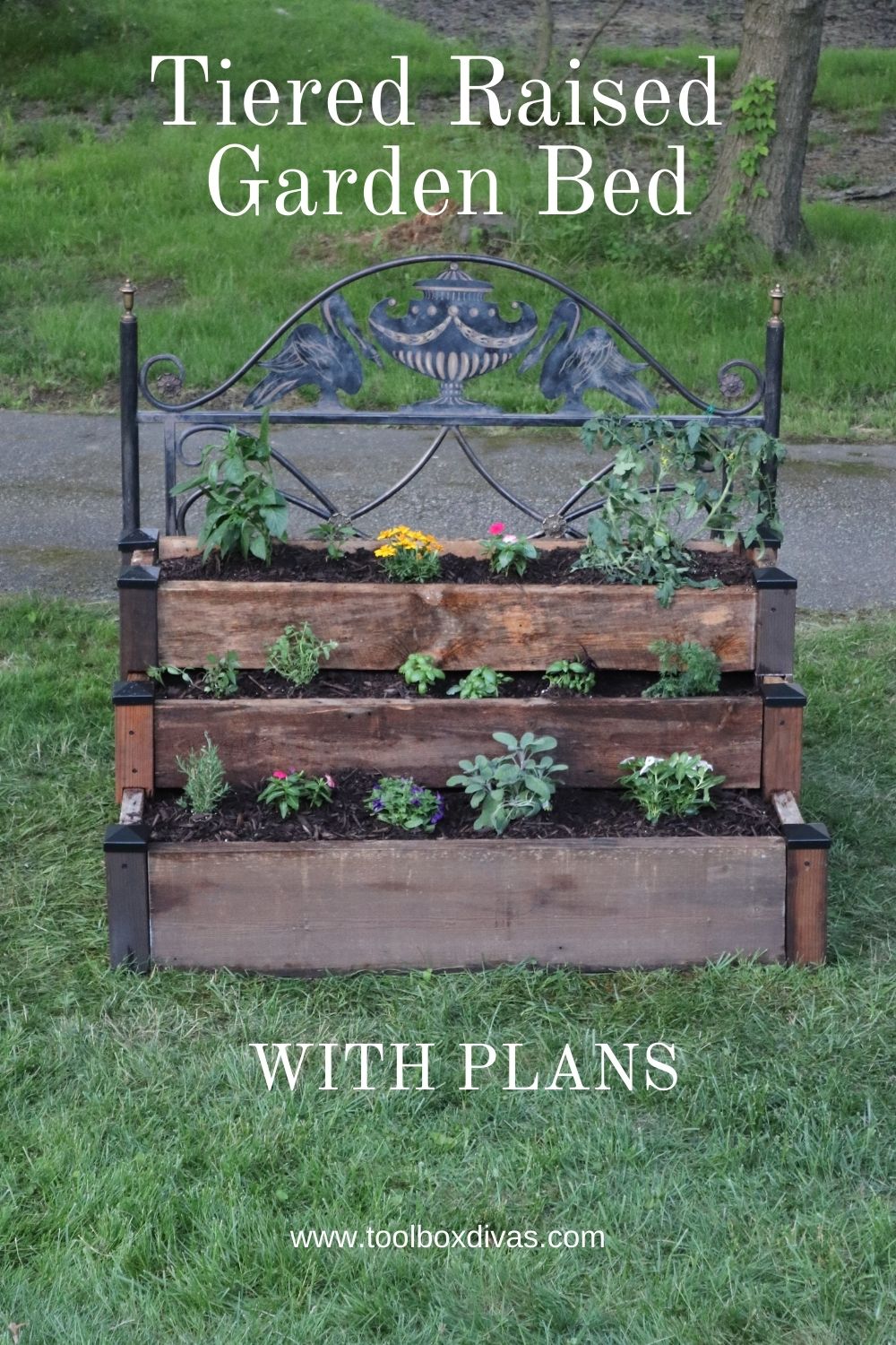tiered garden bed with text overlay "tiered raised garden bed with plans